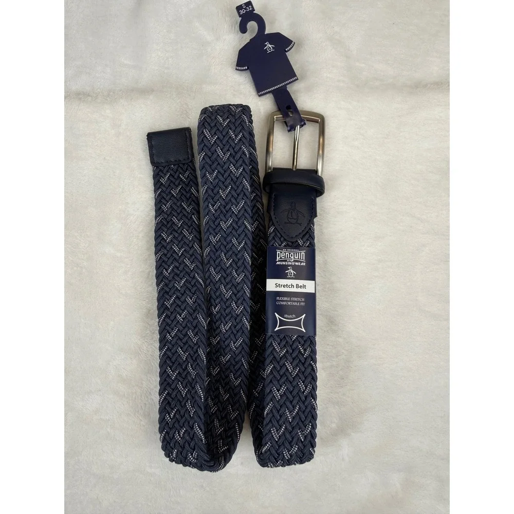 Original Penguin Mens Stretch Belt Navy Blue Woven Braided Chevron Small 30-32